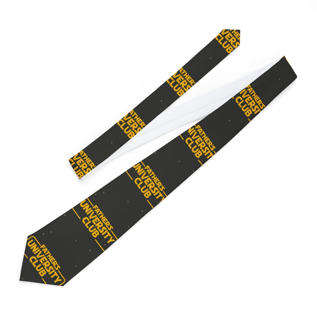 Stylish necktie with "Father’s University Club" design, satin finish, polyester fabric.