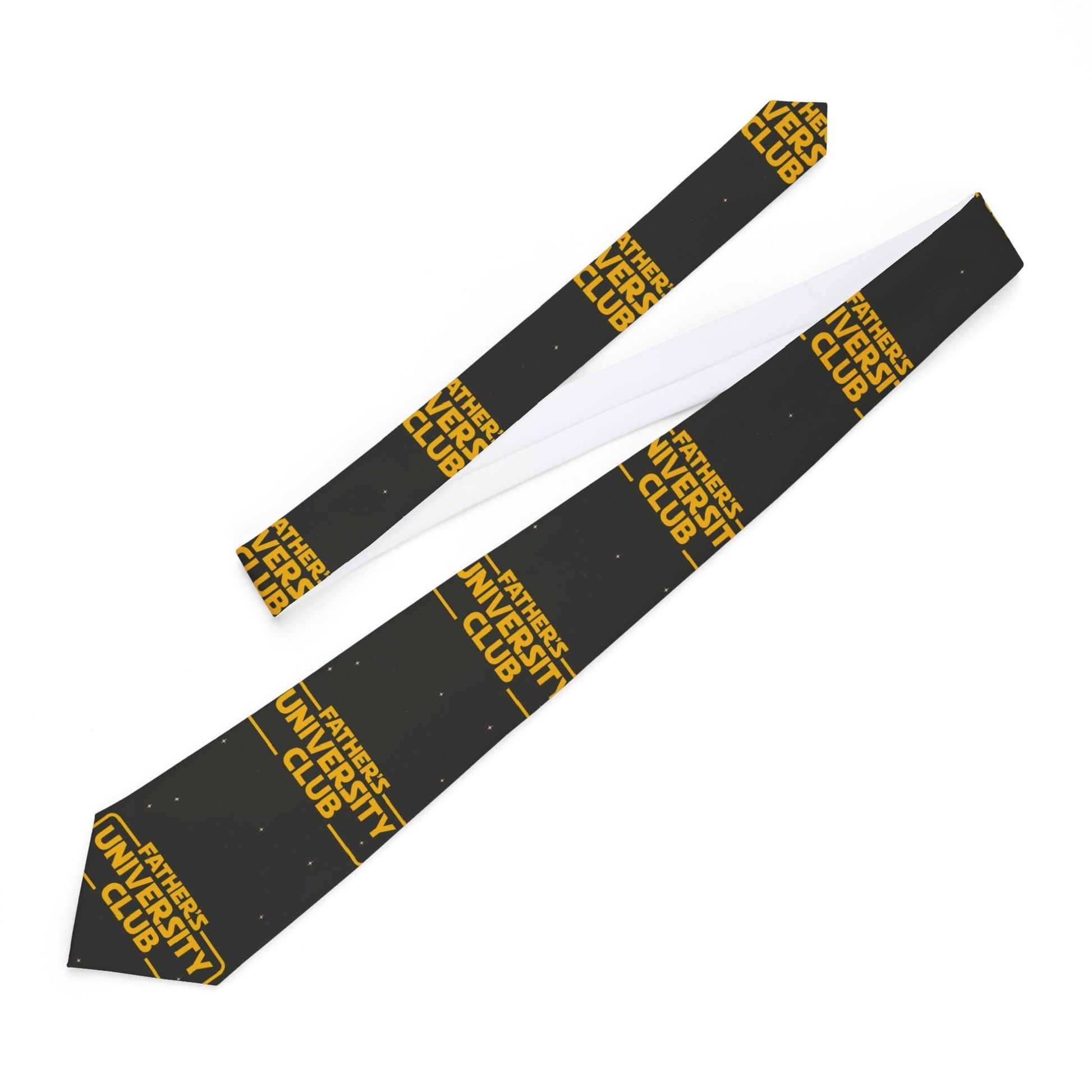 Stylish necktie with "Father’s University Club" design, satin finish, polyester fabric.