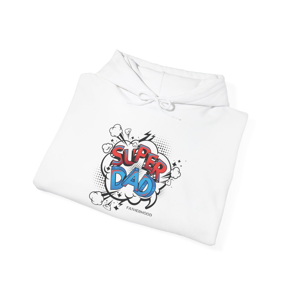 White Super Dad Hoodie with colorful comic-style text design and adjustable drawstring hood