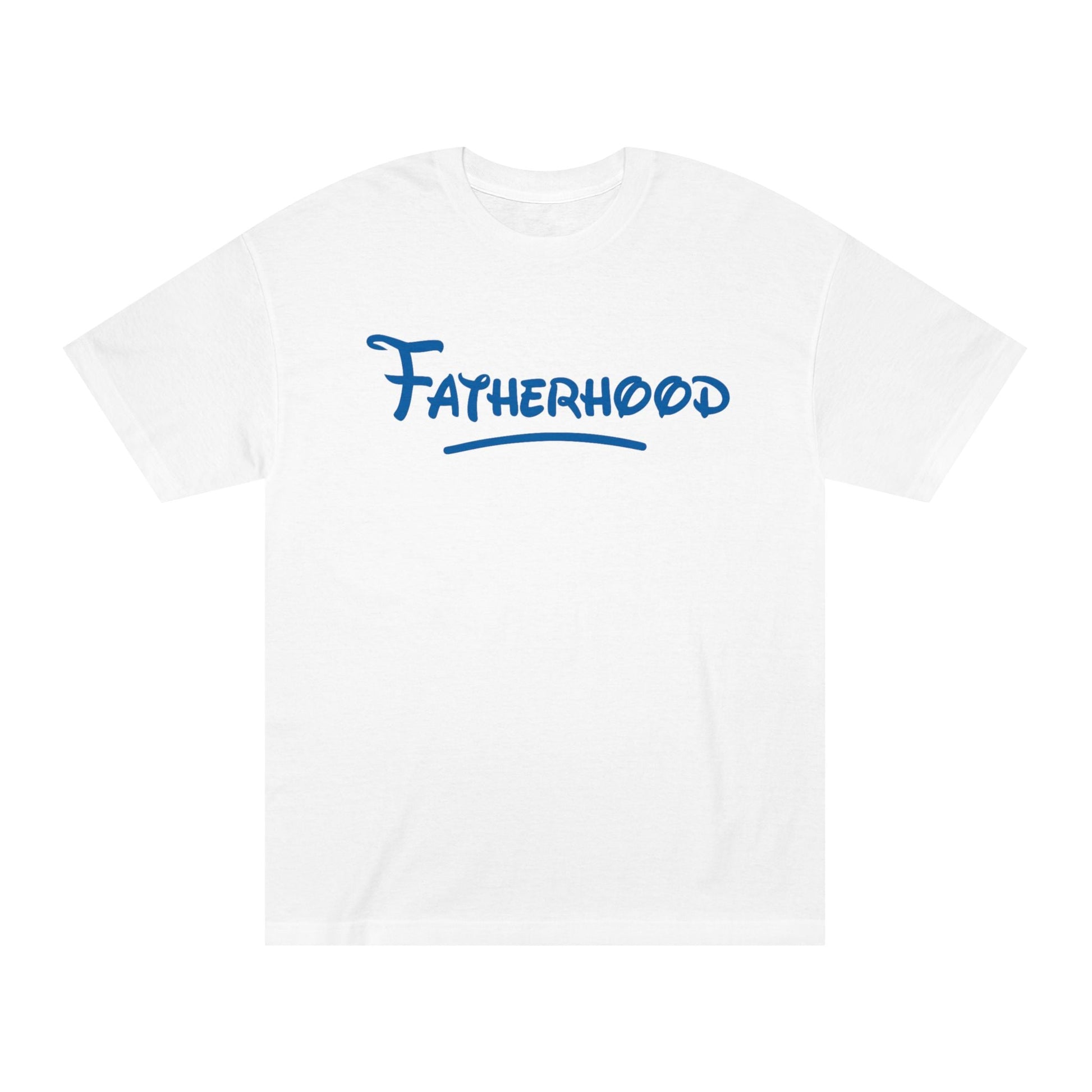 White Fatherhood Tee with blue "Fatherhood" text printed on the front, comfortable casual t-shirt for dads