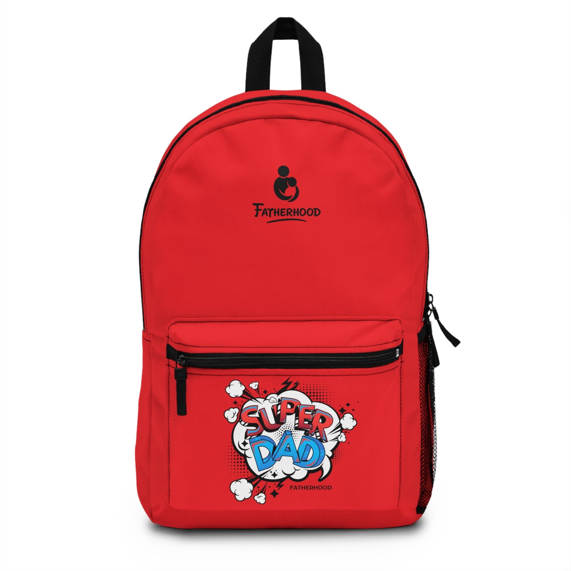 Red backpack with "Super Dad" design, padded back, adjustable straps, and multiple compartments for organization.