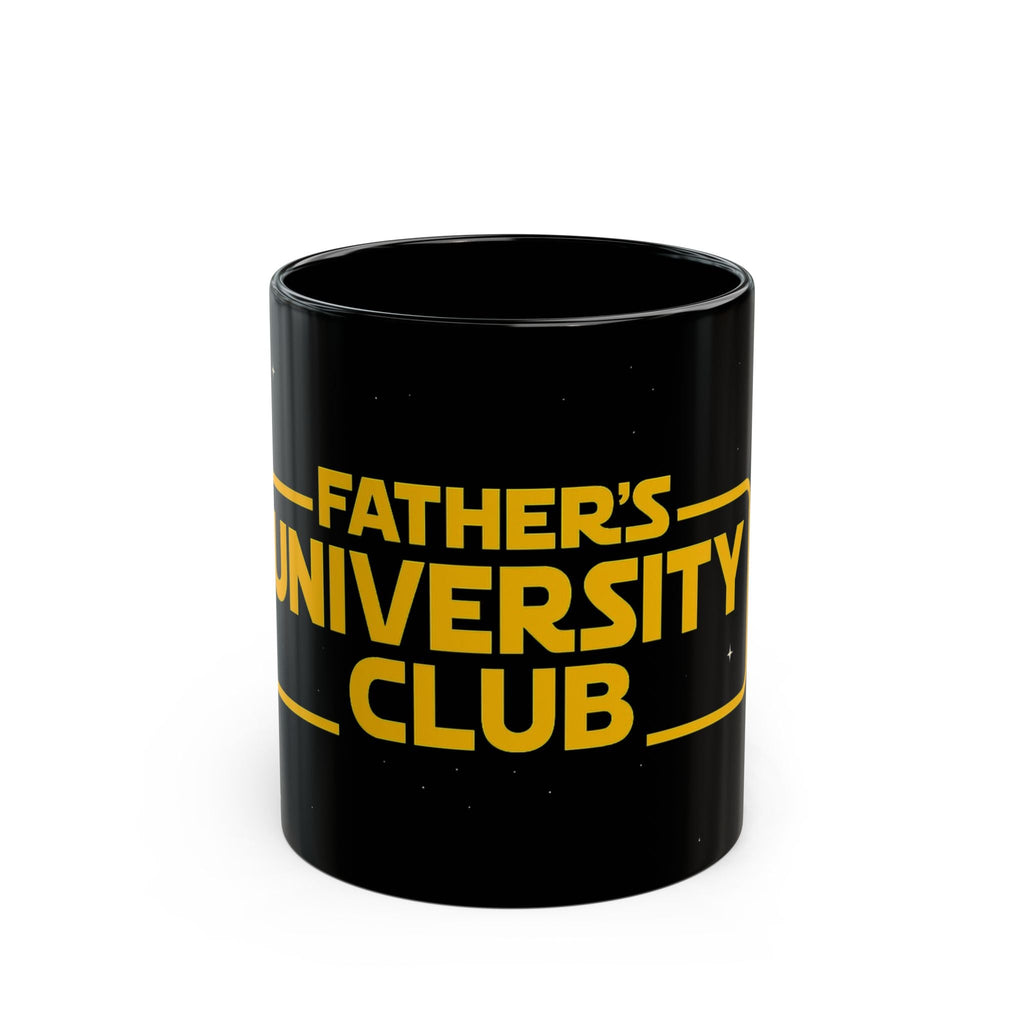 Black ceramic mug with "Father's University Club" in vibrant colors, 11oz.
