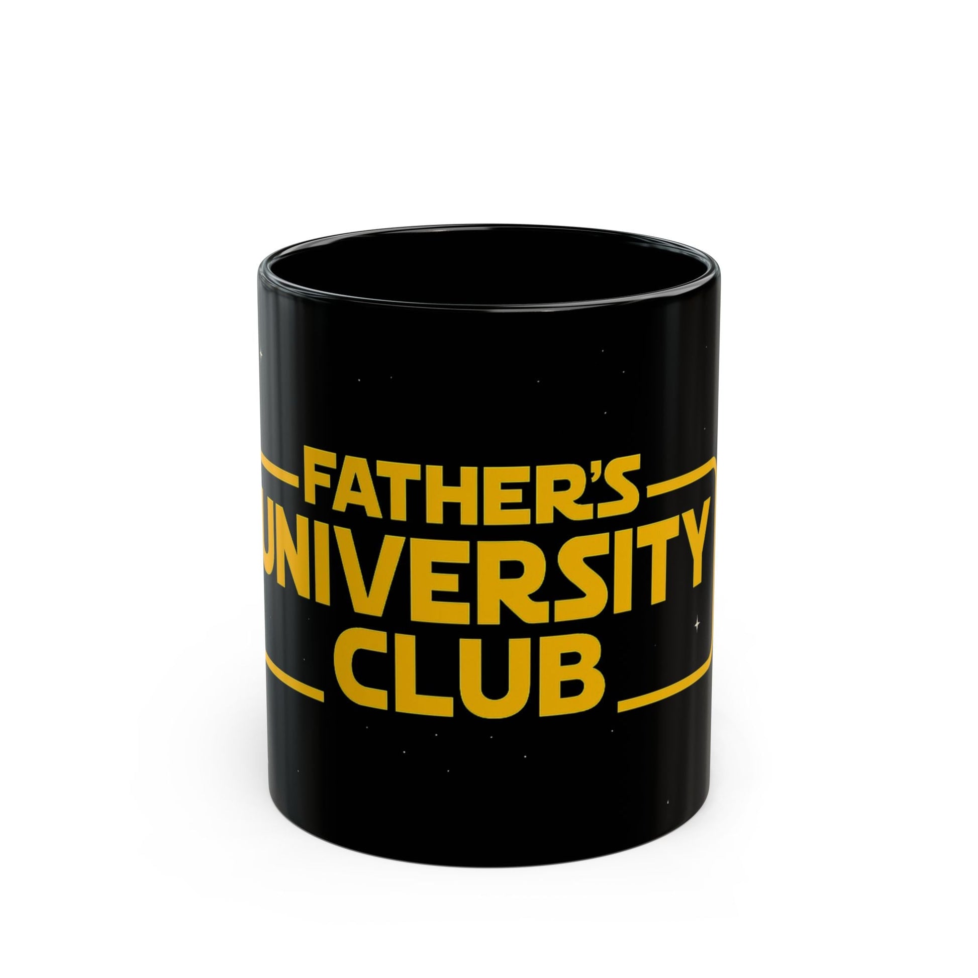 Black ceramic mug with "Father's University Club" in vibrant colors, 11oz.