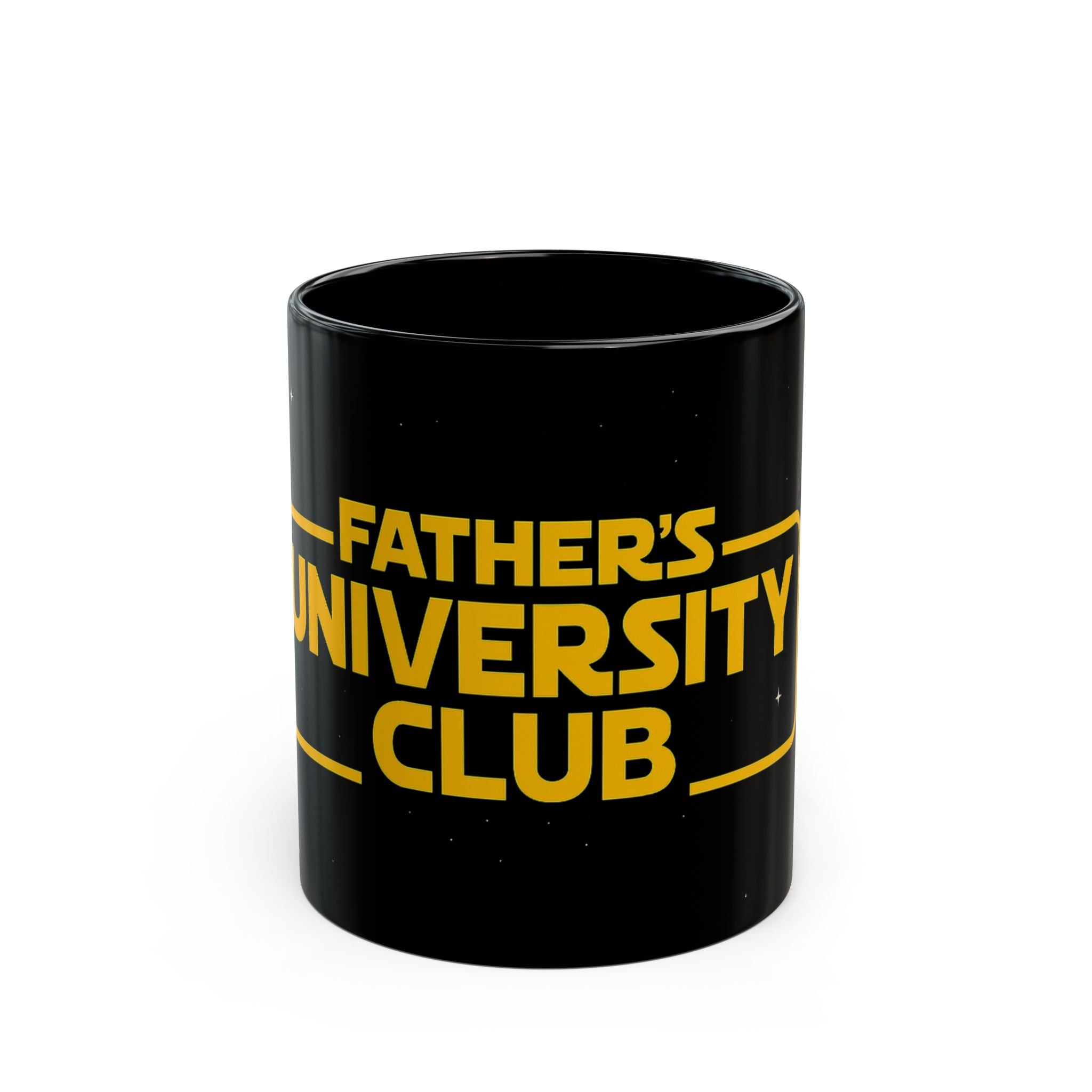 Black ceramic mug with "Father's University Club" in vibrant colors, 11oz.