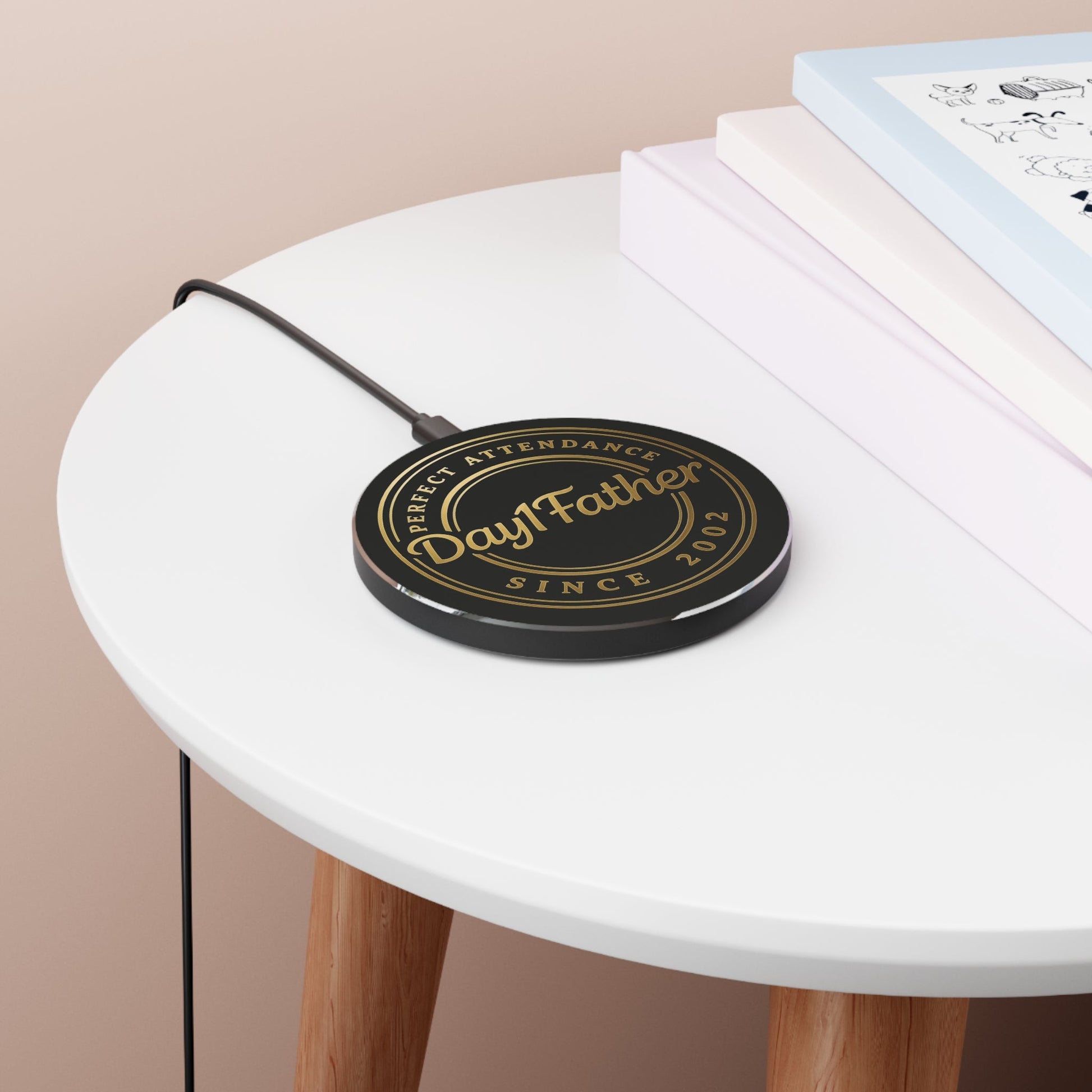 Wireless fast charger with sleek design on a white table, ideal for modern spaces.