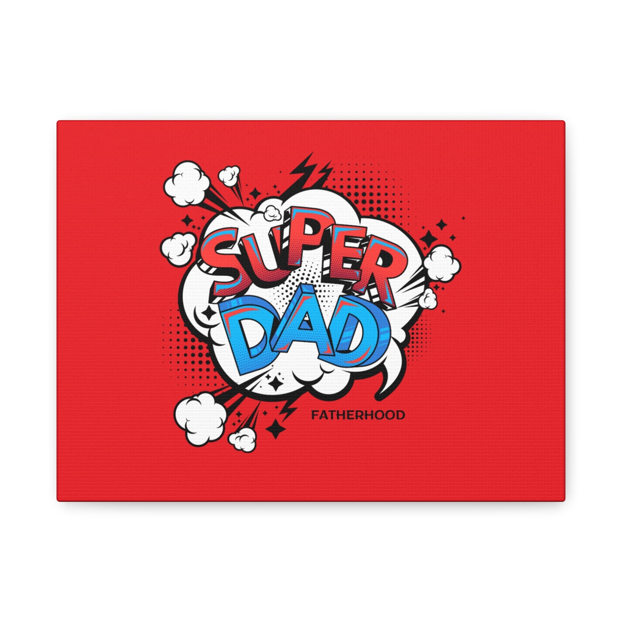 Vibrant Super Dad canvas wall art with bold design celebrating fatherhood on red background.