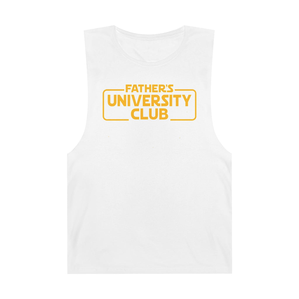 White tank top with vintage "Father's University Club" yellow text design, sleeveless casual wear for summer and Father's Day
