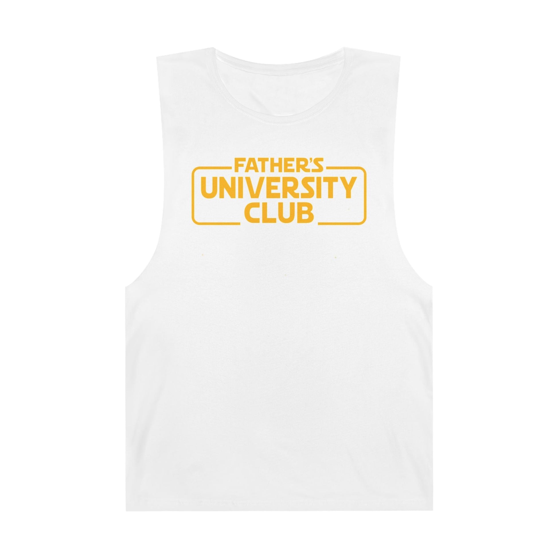 White tank top with vintage "Father's University Club" yellow text design, sleeveless casual wear for summer and Father's Day