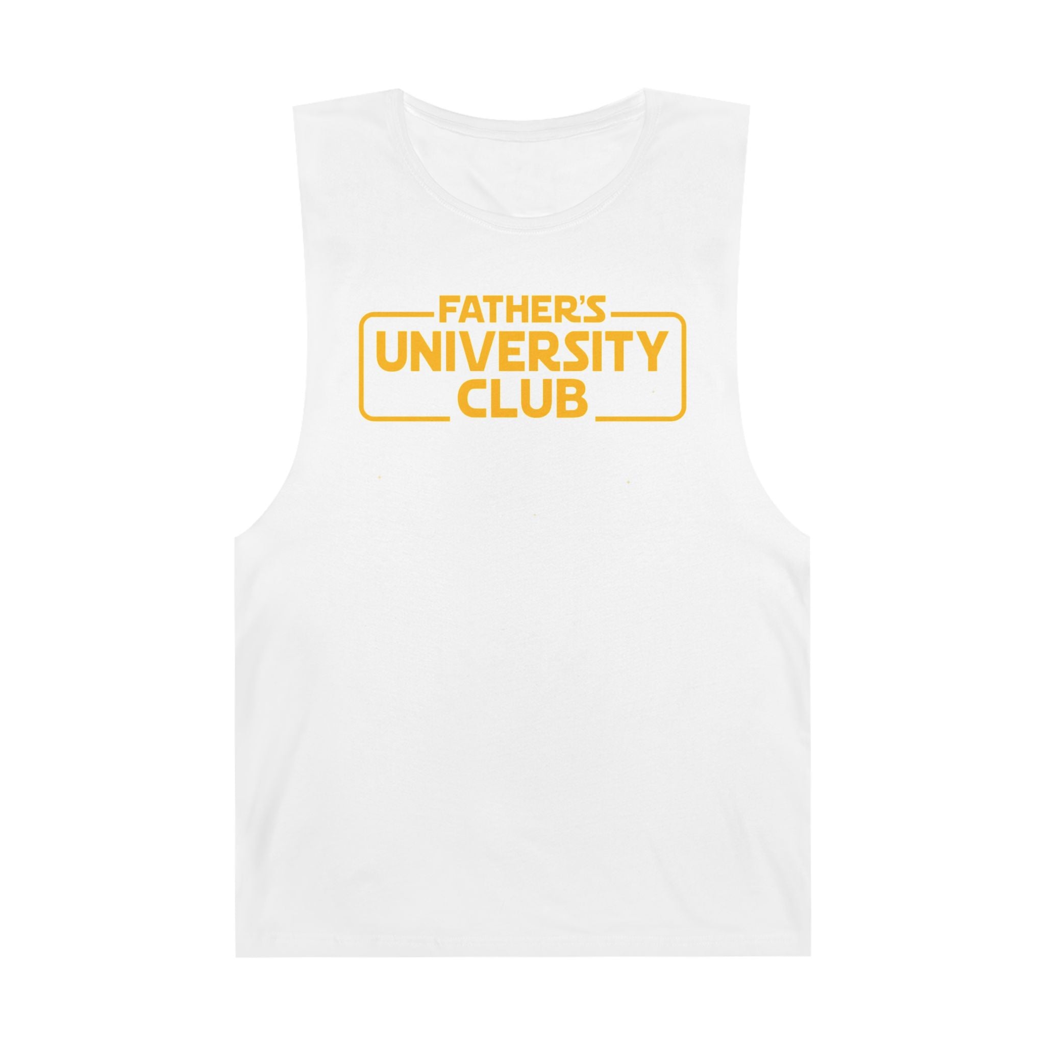 White tank top with vintage "Father's University Club" yellow text design, sleeveless casual wear for summer and Father's Day
