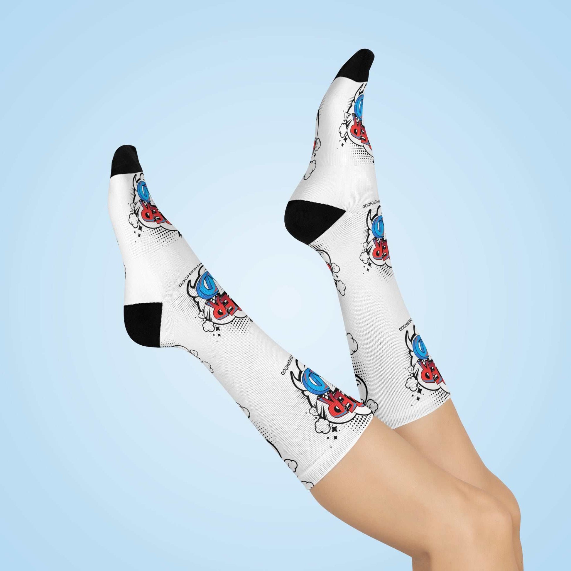 Crew socks with Super Dad design in vibrant colors, featuring cushioned bottoms and crew length, perfect for Father's Day.