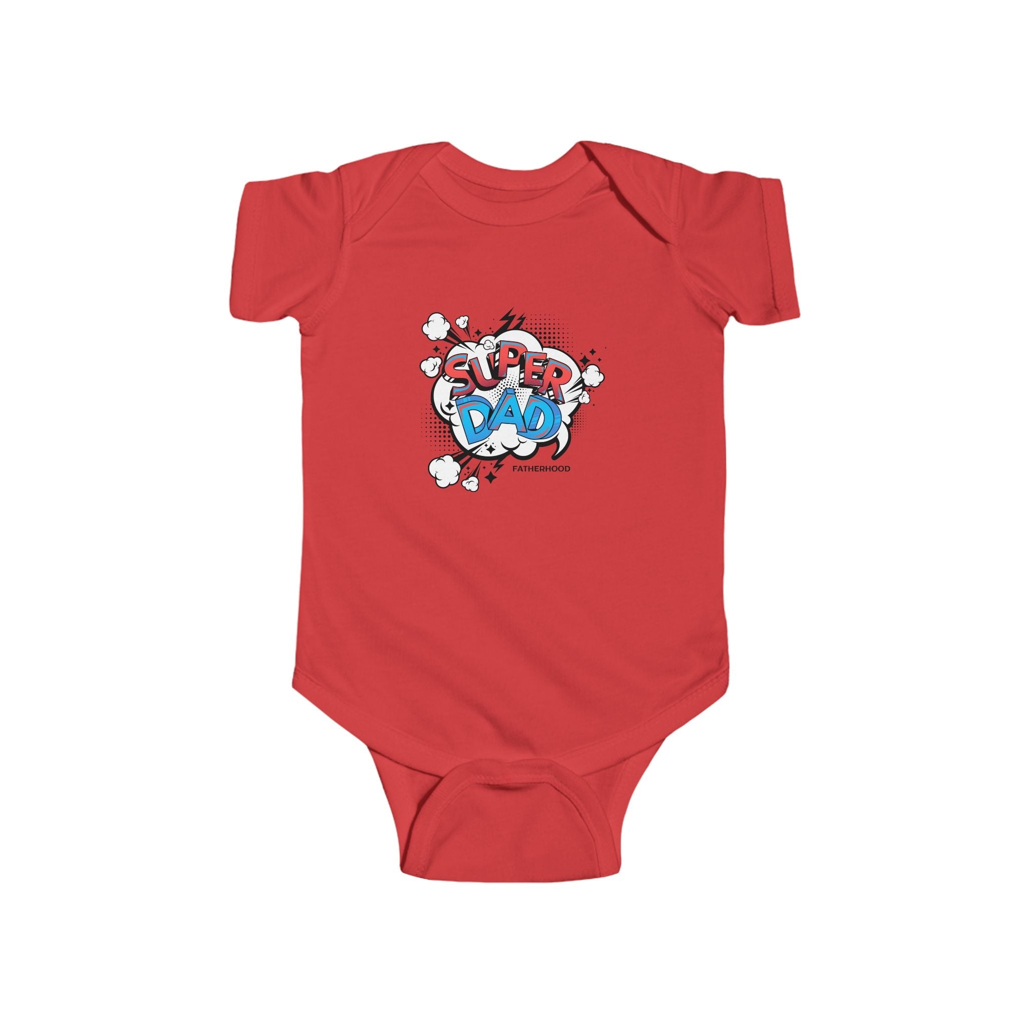 Red infant bodysuit with "Super Dad" graphic design.
