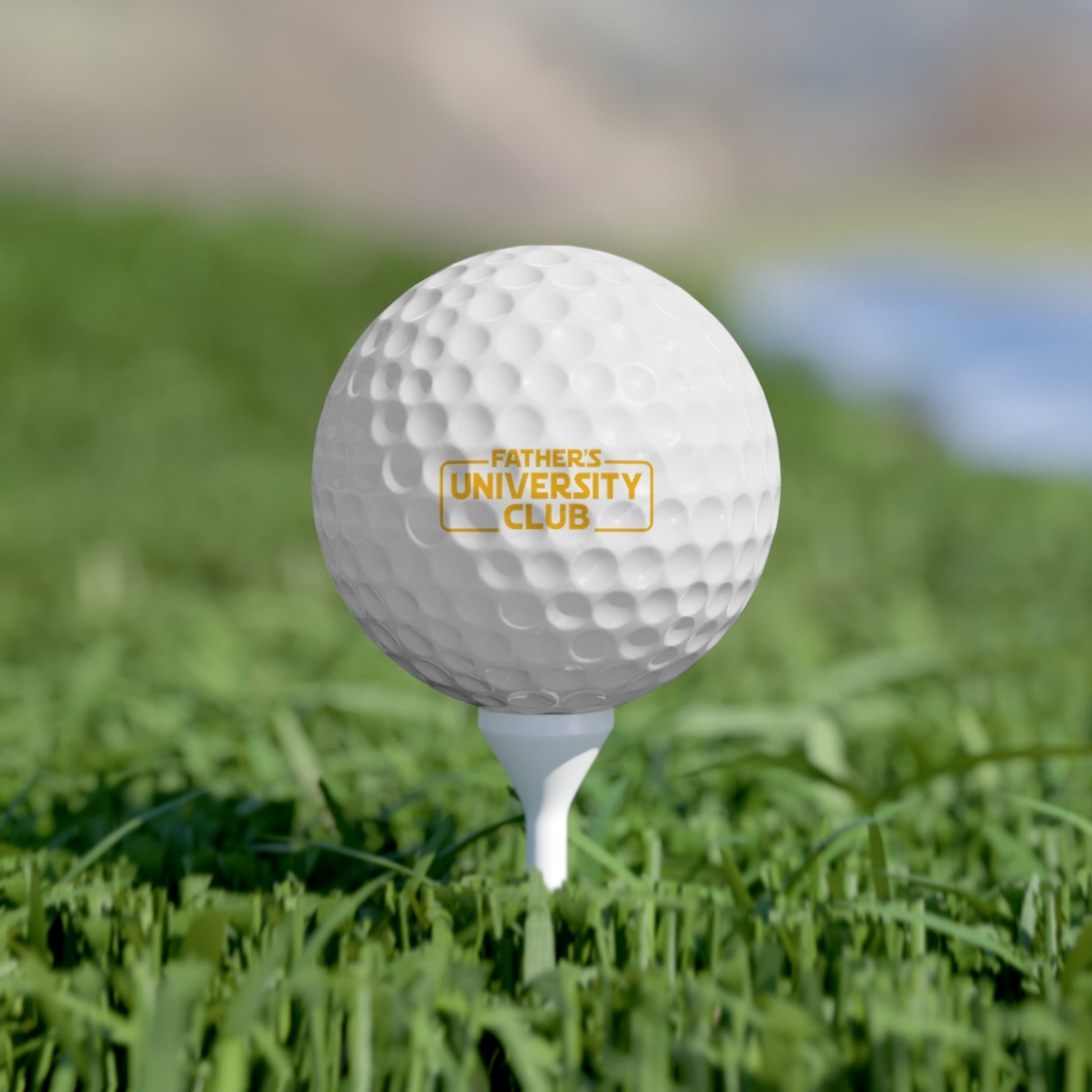 Father’s University Club golf ball on grass, unique gift for golf lovers.