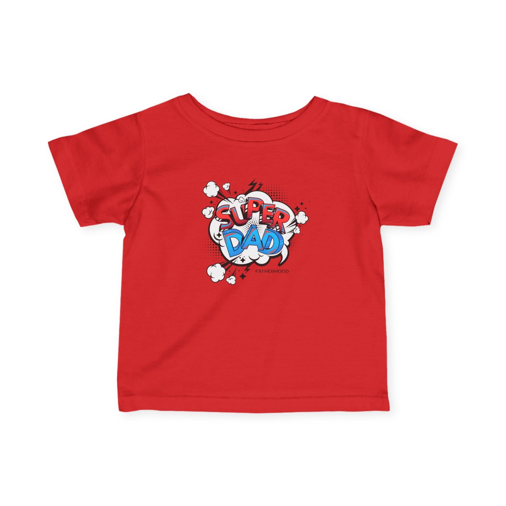 Red infant tee with "Super Dad" graphic, made from strong, smooth fabric.