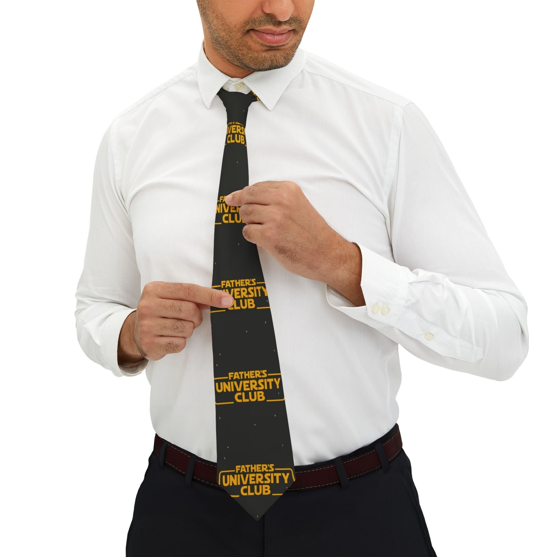 Stylish necktie with Father's University Club design, soft satin finish, perfect for formal occasions.