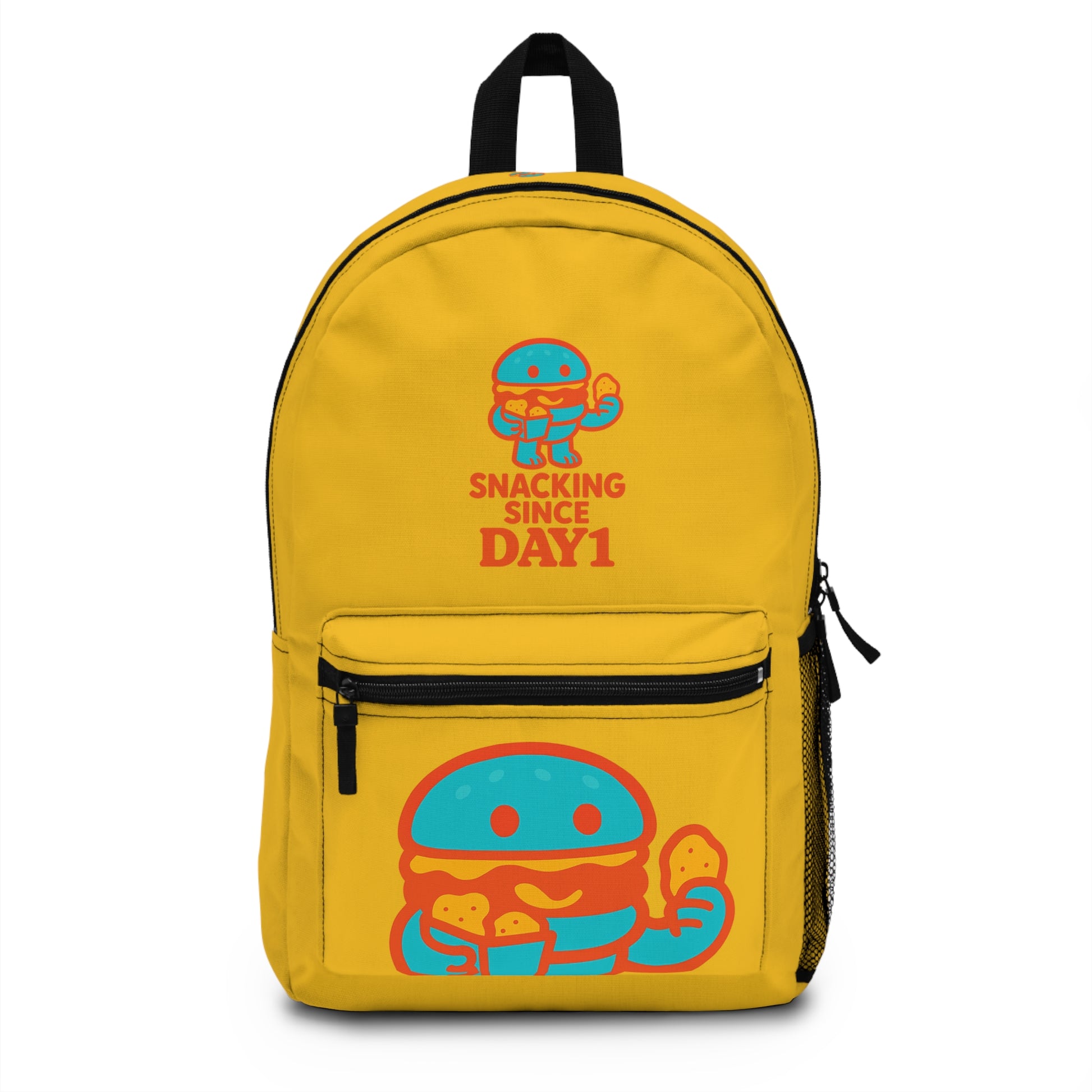 “Snacking Since Day1 Backpack - Stylish Yellow School & Travel Bag”