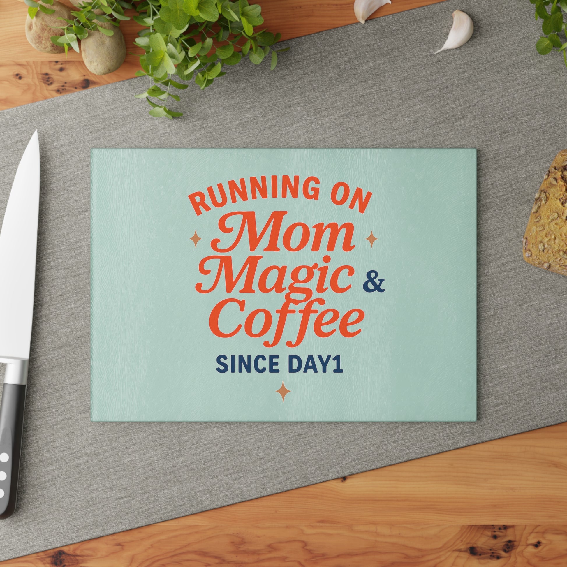 “Mom Magic & Coffee Glass Cutting Board - Vibrant Kitchen Decor for Coffee Lovers”