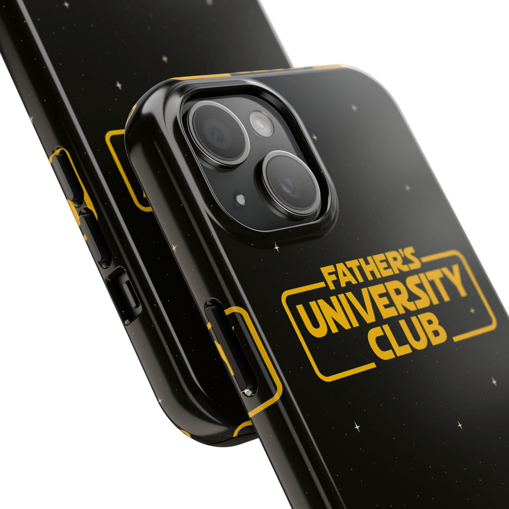 Black tough phone case with "Father's University Club" text in yellow, featuring glossy finish and durable protective design.