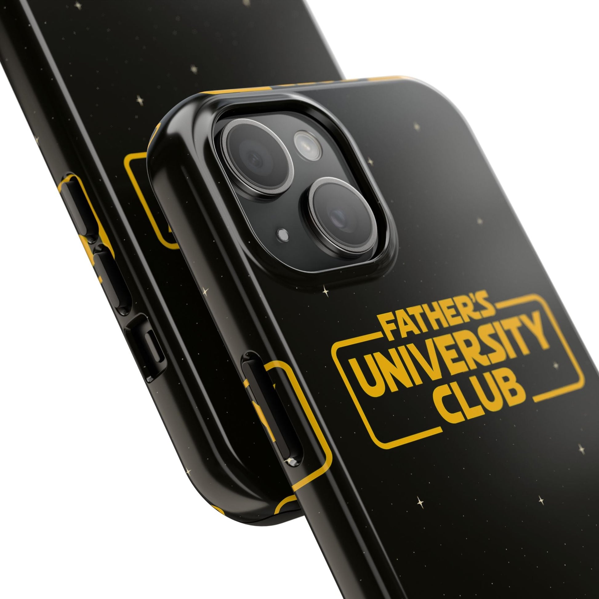 Black tough phone case with "Father's University Club" text in yellow, featuring glossy finish and durable protective design.