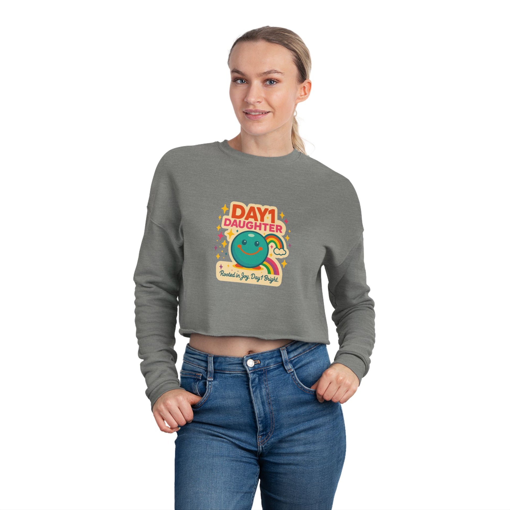 “Giggles McRainbow Day 1 Daughter Women’s Cropped Sweatshirt - Sage Green”