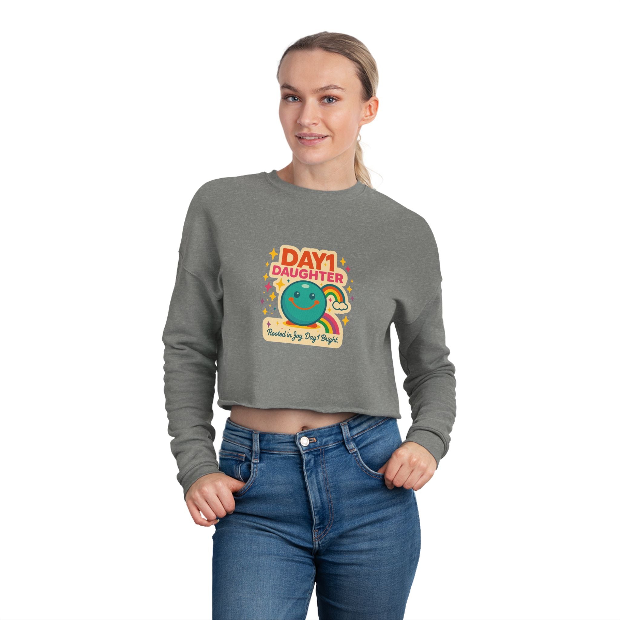 “Giggles McRainbow Day 1 Daughter Women’s Cropped Sweatshirt - Sage Green”