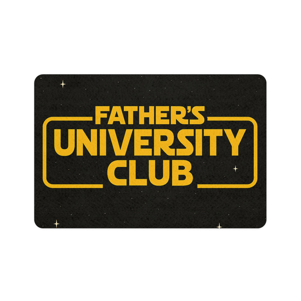 Father's University Club pet food mat in black with bold yellow lettering and anti-slip backing, durable and stylish dining accessory for pets.