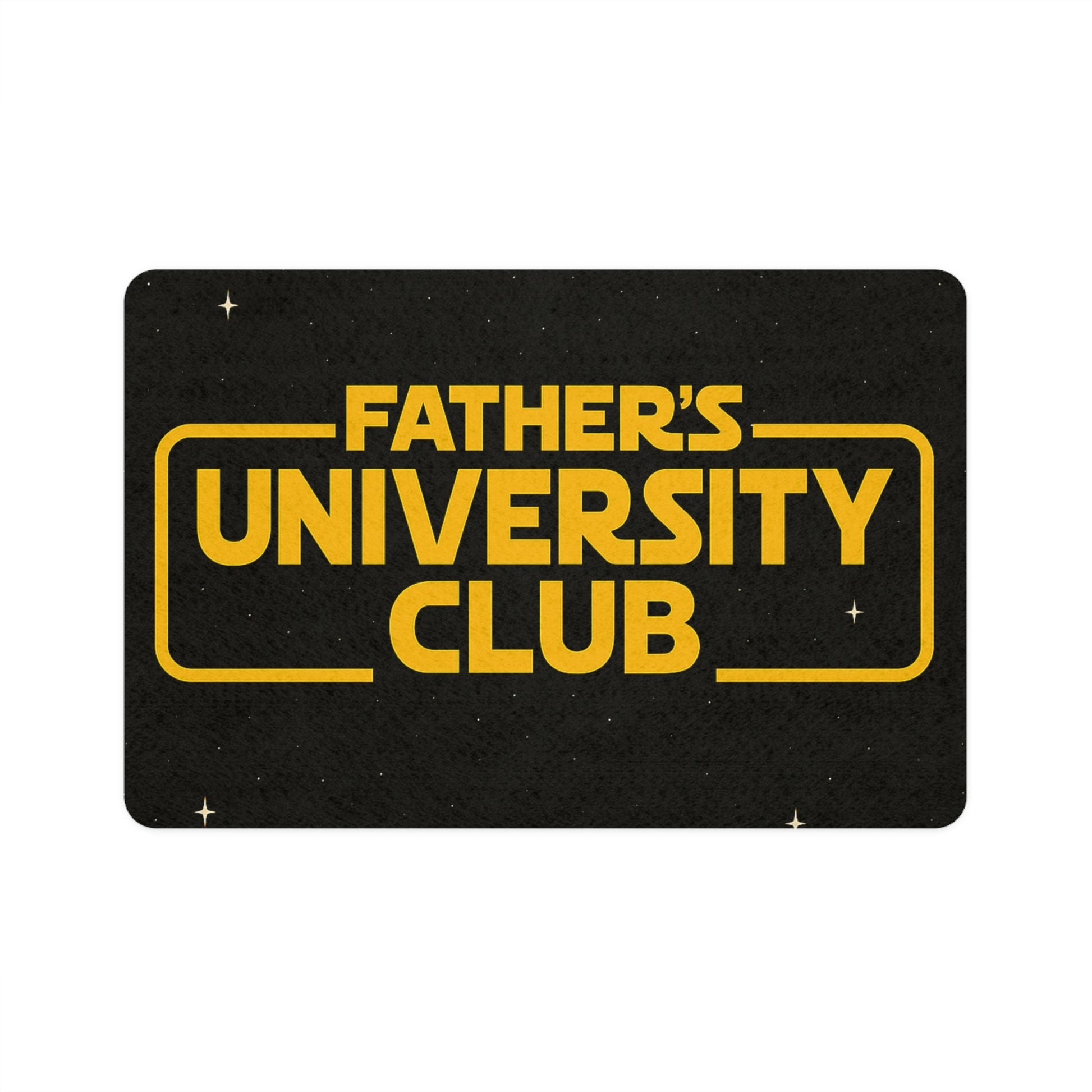 Father's University Club pet food mat in black with bold yellow lettering and anti-slip backing, durable and stylish dining accessory for pets.