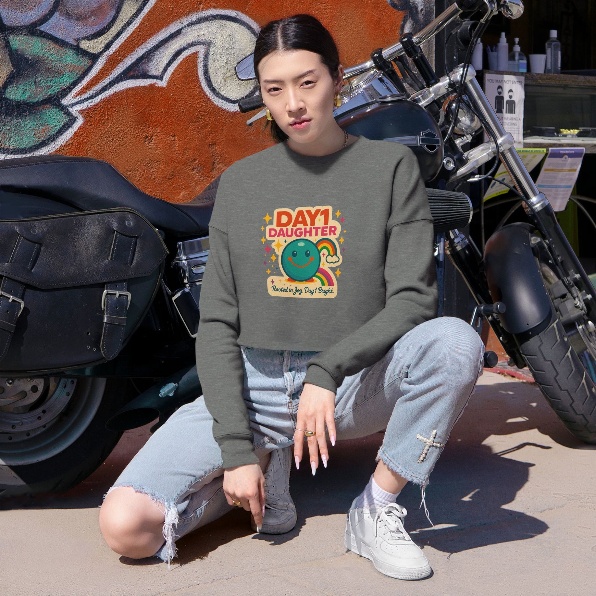 “Giggles McRainbow Day 1 Daughter Women’s Cropped Sweatshirt - Sage Green”