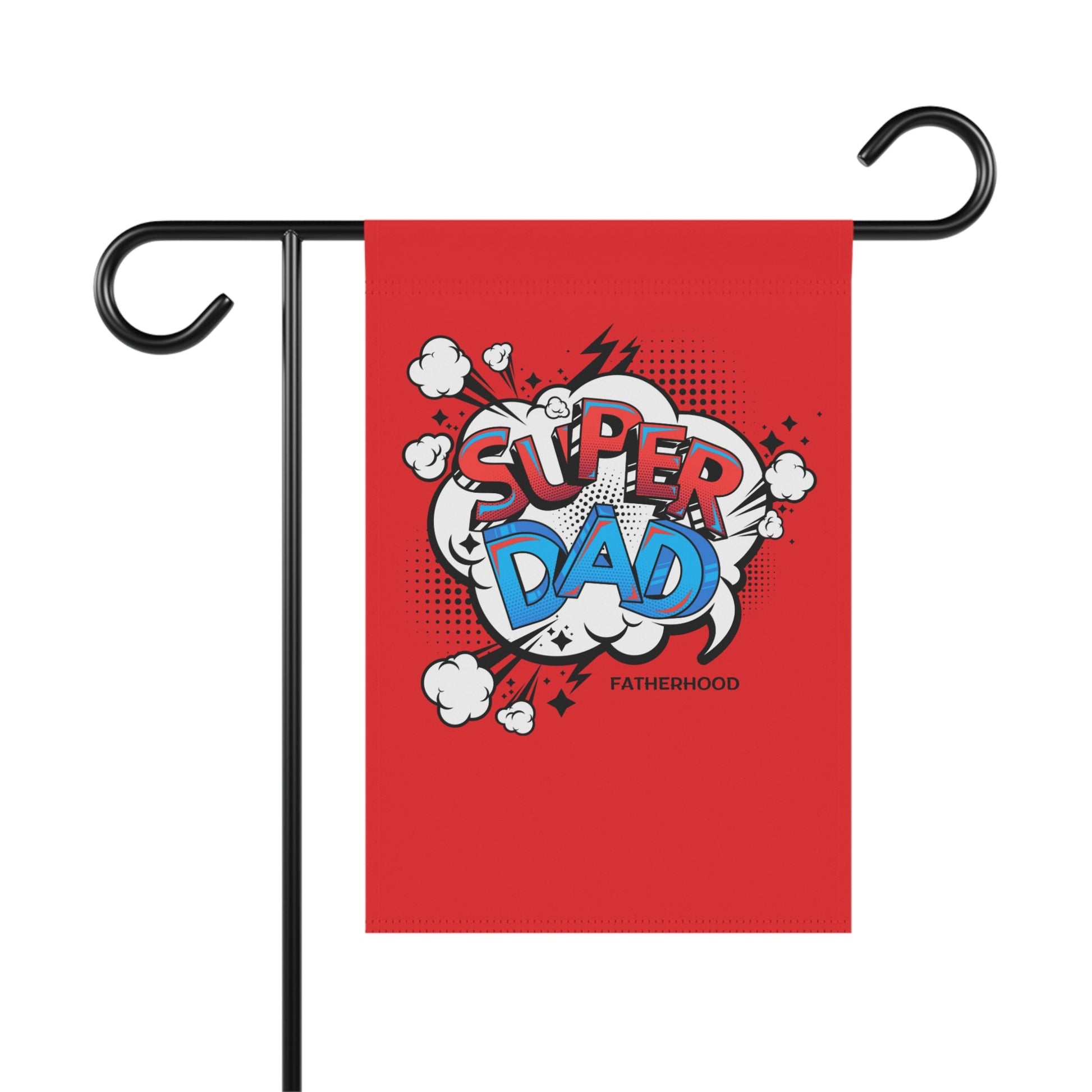 Heroic Dad Garden Banner with vibrant "Super Dad" comic-style design on red lightweight fabric for outdoor decoration