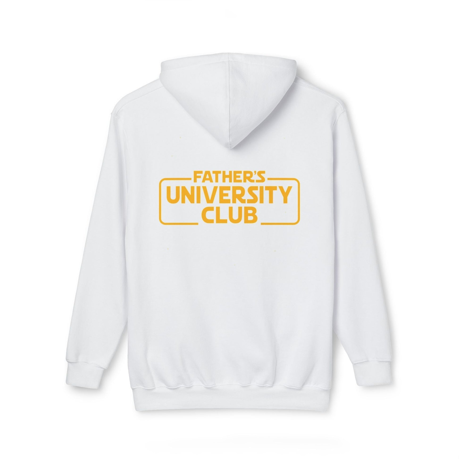 Unisex hooded sweatshirt with "Father's University Club" design, nostalgic collegiate style.