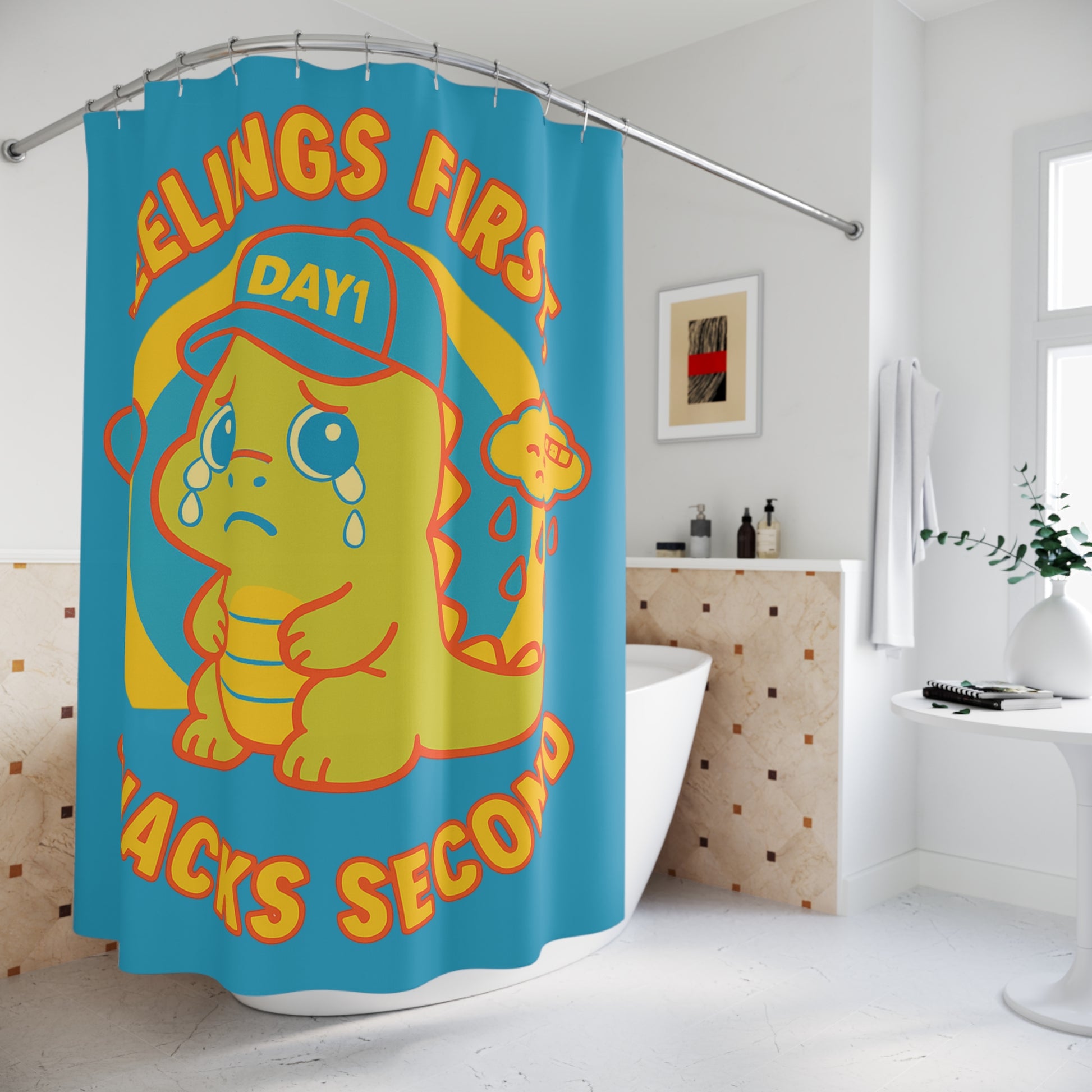 Weepy Rex Feelings First Shower Curtain - Cute Dinosaur Bathroom Decor