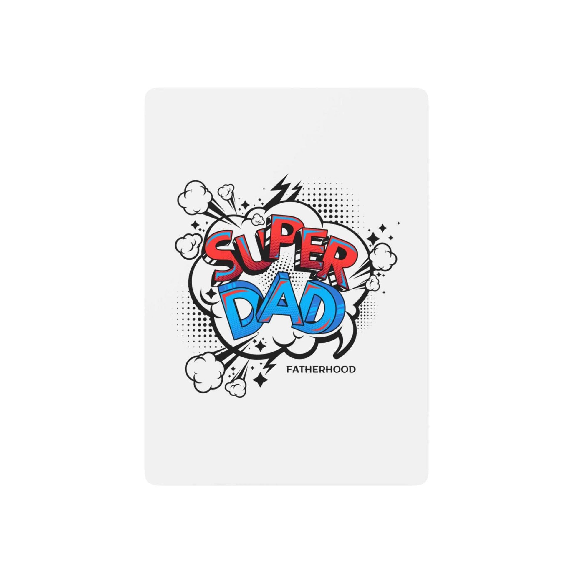 Playing cards with "Super Dad" design, vibrant colors, standard 2.5" x 3.5" size, perfect for family gatherings.