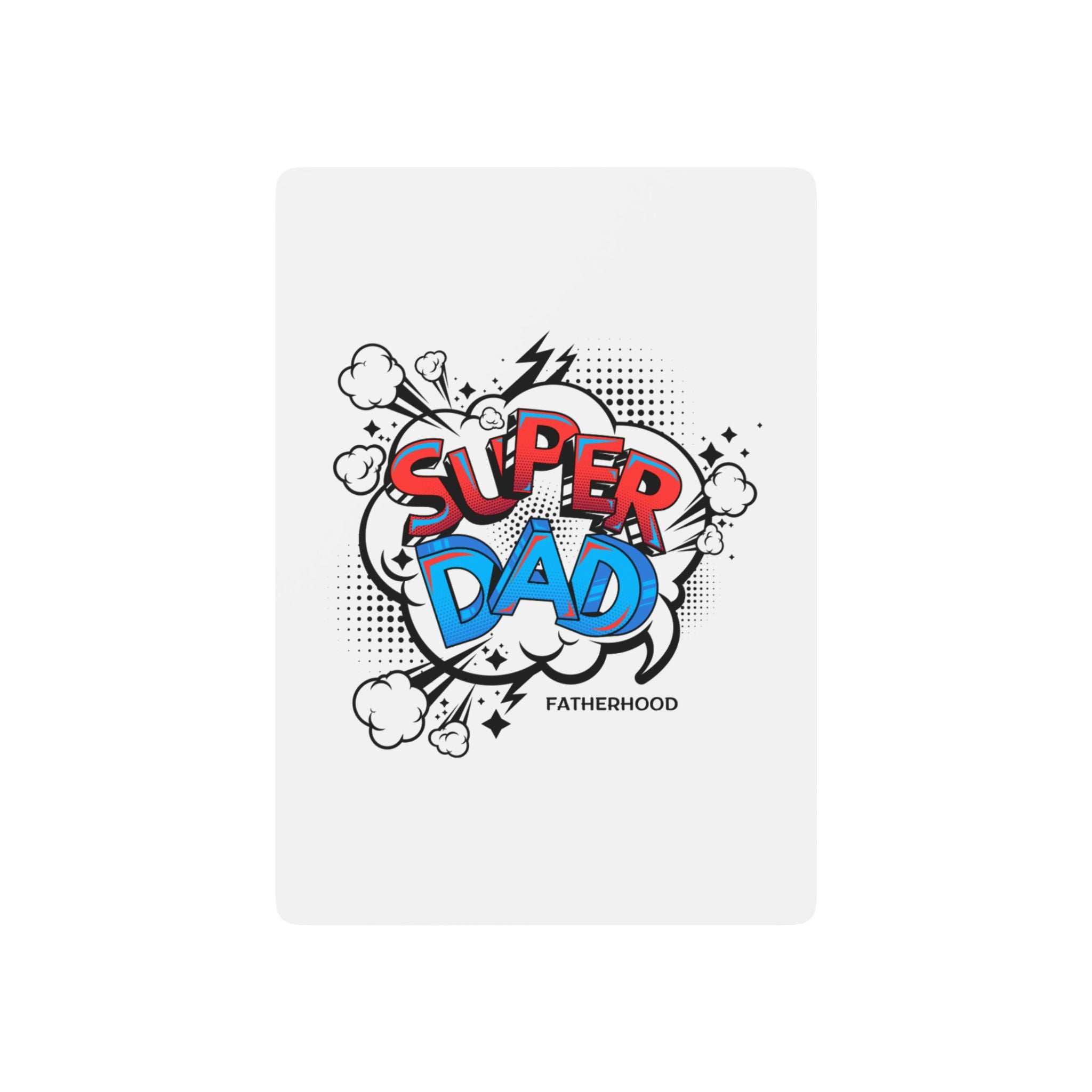 Playing cards with "Super Dad" design, vibrant colors, standard 2.5" x 3.5" size, perfect for family gatherings.