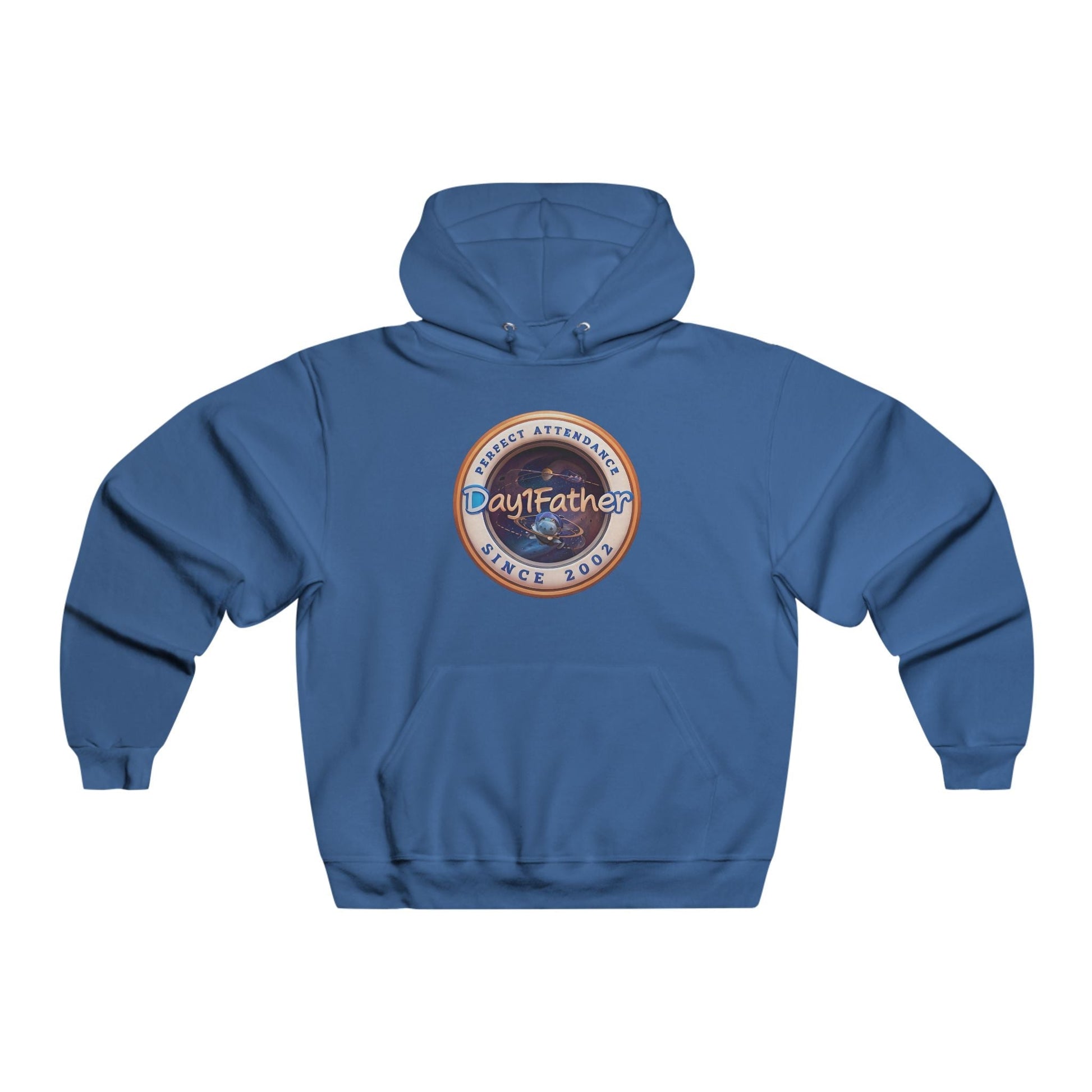 Men's graphic hoodie in blue with front kangaroo pocket and adjustable drawstring hood, featuring a bold graphic design.