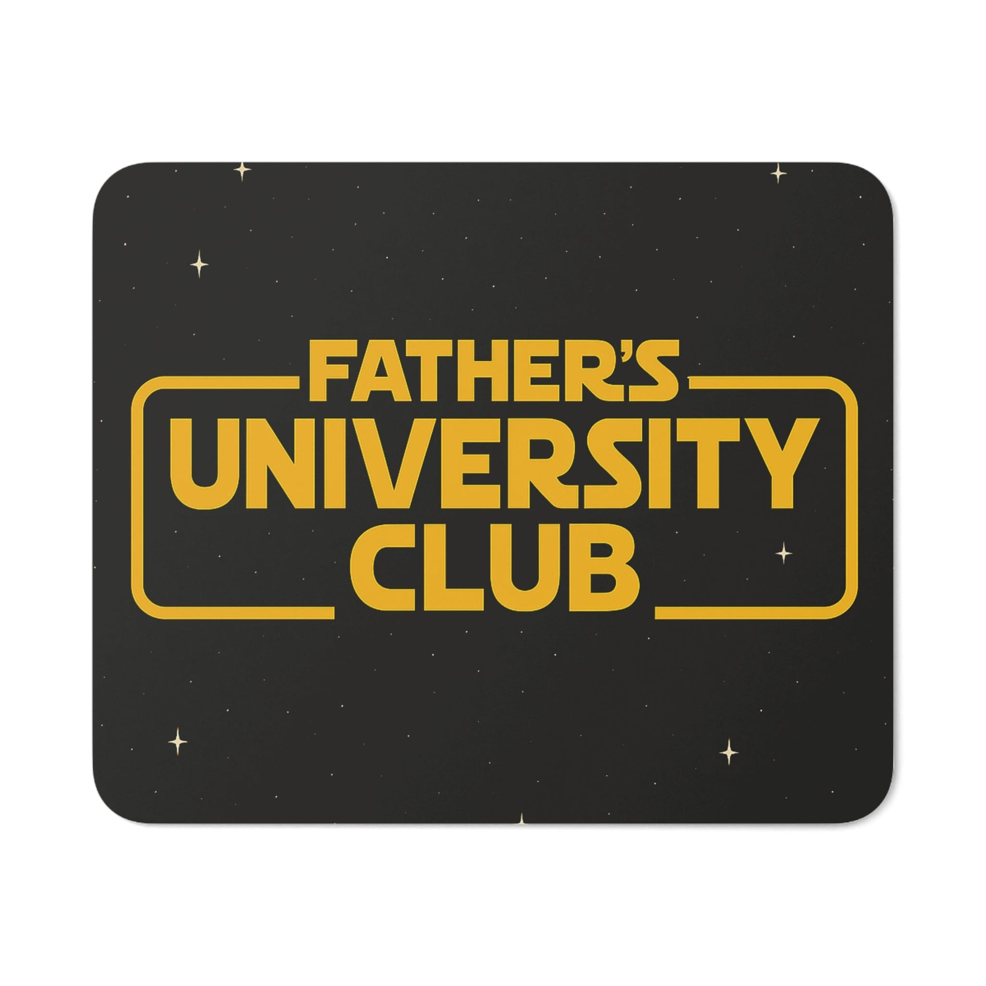 Rectangular black desk mouse pad with gold "Father's University Club" text and small star accents for home or office use.
