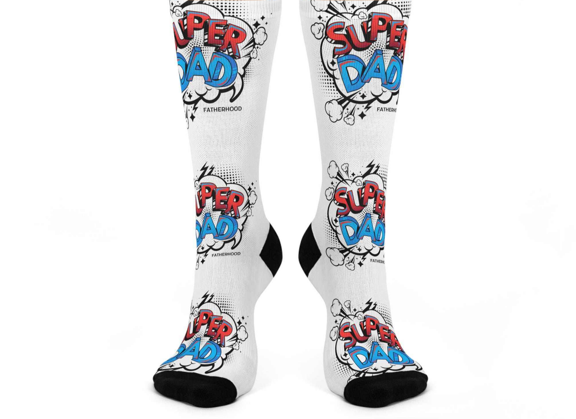 White crew socks with vibrant Super Dad design in red and blue, cushioned bottoms, stretchy fabric for comfort and casual wear.
