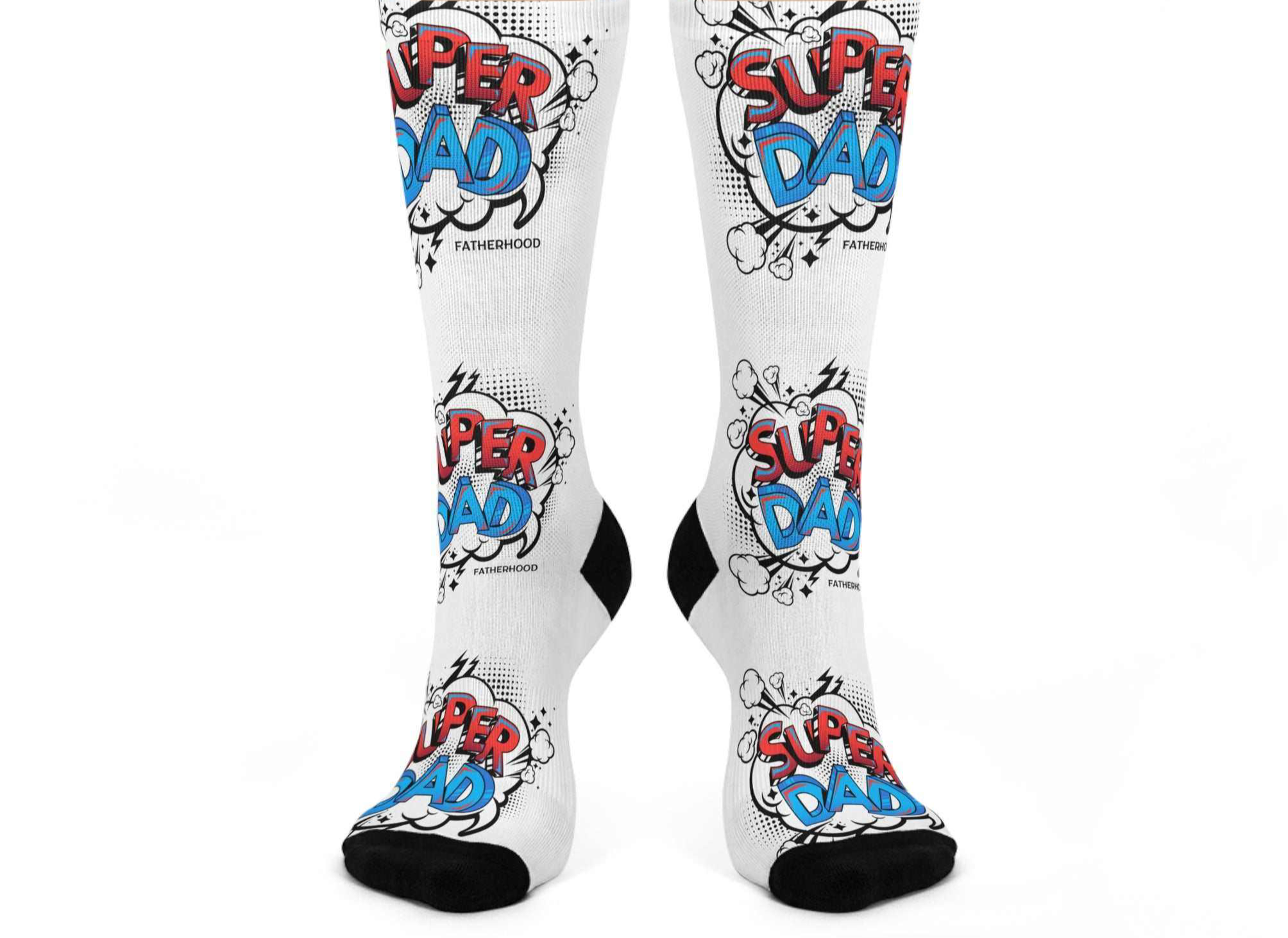 White crew socks with vibrant Super Dad design in red and blue, cushioned bottoms, stretchy fabric for comfort and casual wear.